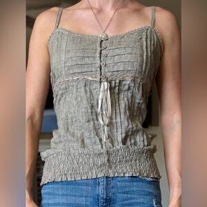 Y2K Babydoll Muted Sage Green Smocked Lace Trim Tank Top Blouse Mine Y2k Style